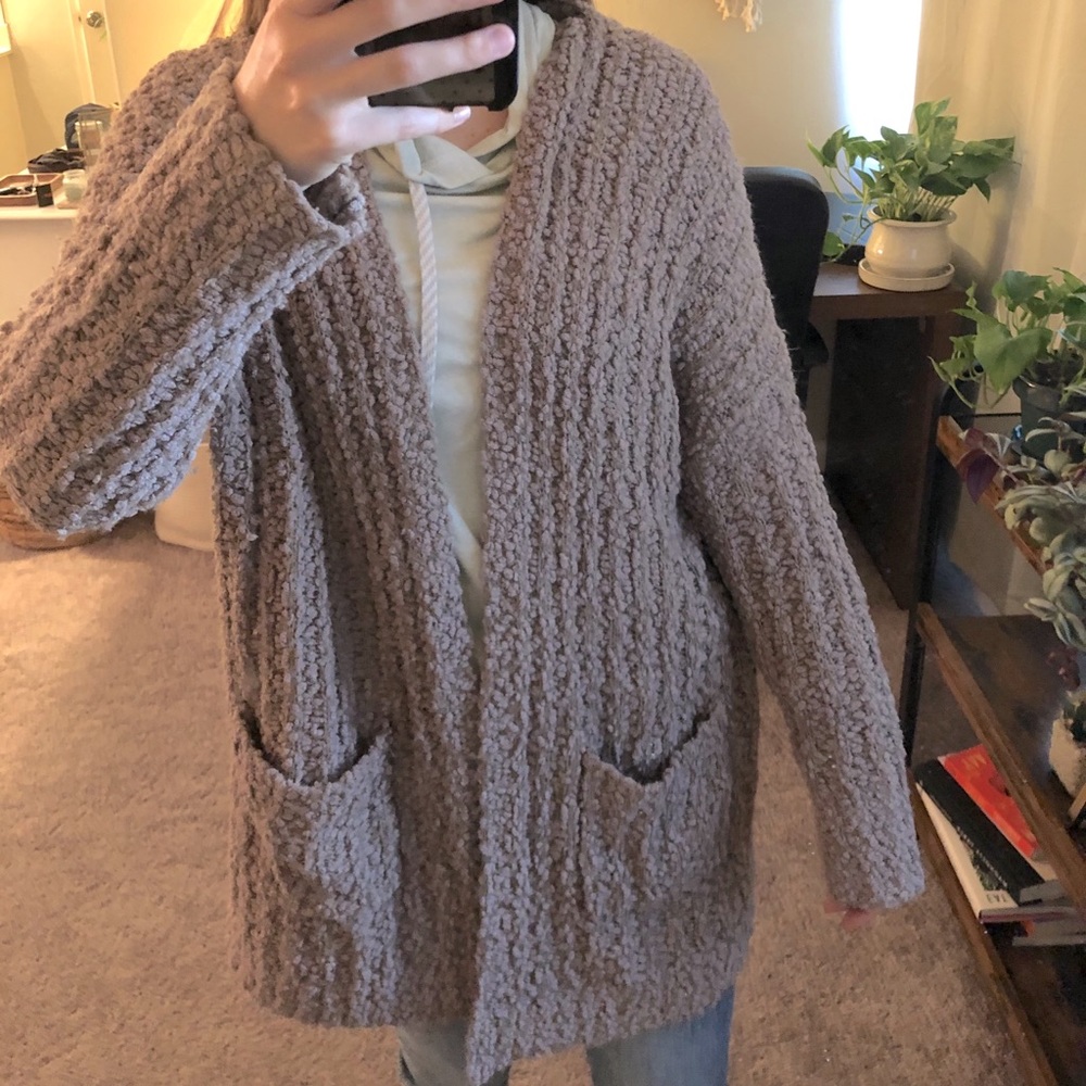 Lavender poppy cardigan. The favorite past time